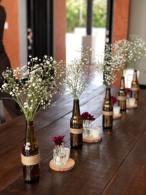 Beer Centerpieces, Beer Bottle Centerpieces, Beer Bottle Wedding, Beer Bottle Decor, Rustic Birthday Parties, Wine Bottle Centerpieces, Rustic Birthday, Wedding Wine Bottles, Home Decor Ideas Diy