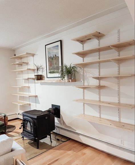 Bracket Shelf Ideas, Wall Track Shelving, Wall Mounted Track Shelving, Wall Shelves Track, Track Wall Shelving, Track Shelving Behind Couch, Track Shelves Living Room, Track Shelving Bedroom, Shelf Track System