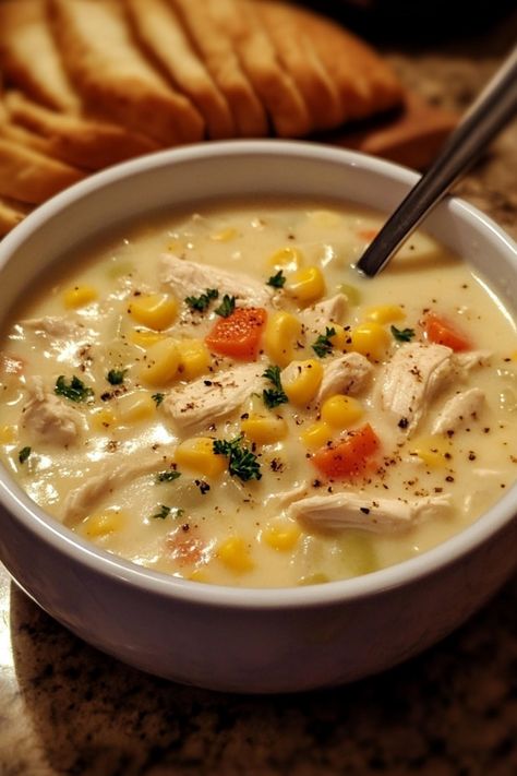 Creamy chicken and corn soup in a white bowl with a spoon. New England Chicken Chowder, Healthy Chicken Corn Chowder Soup, Corn And Chicken Soup Recipe, Turkey Corn Chowder Soup, Crock Pot Chicken Corn Soup, Healthy Chicken Corn Chowder, Pennsylvania Dutch Chicken Corn Soup, Creamy Chicken And Corn Soup, Chicken Corn Potato Chowder