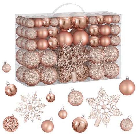 Rose Gold Christmas Ornaments, Christmas Ball Decorations, Rose Gold Christmas Tree, Rose Gold Christmas Decorations, Xmas Tree Ornaments, Christmas Snowflakes Decorations, Christmas Door Decorating Contest, Tree Decor Christmas, Gold Christmas Ornaments