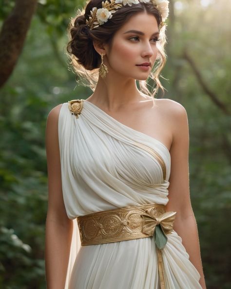 Greek Dresses Style Ancient Greece, Ancient Greek Clothes Aesthetic, Ancient Greece Inspired Outfits, Greek Mythology Dresses, Greek Fantasy Outfit, Athena Aesthetic Outfits, Greek Godesses Outfit, Ancient Greek Dress Goddesses, Greek Goddess Dress Gowns