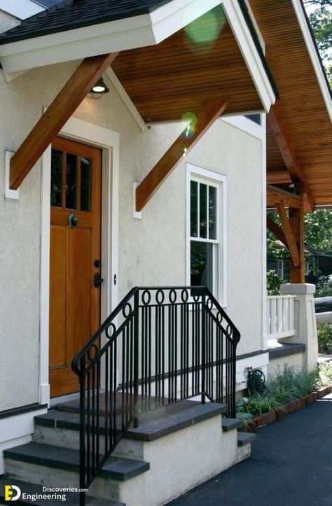 35 Beautiful Front Door Overhang Designs Ideas To Make Your Home Elegant | Engineering Discoveries Front Door Overhang, Porch Overhang, Awning Ideas, Front Door Awning, Door Overhang, Front Door Canopy, Door Awning, Porch Kits, Window Canopy