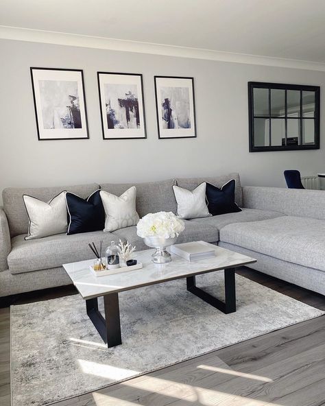 dwell on Instagram: “Lugano corner sofa and Reno coffee table - a match made in heaven 😍 ⠀ ⠀ 🛍👉 Lugano sofa⠀ 🛍👉 Reno coffee table (currently only available in�…” Grey Sofa Living Room, Apartment Decorating Living, Grey Couch Living Room, Condo Living Room, Black And White Living Room, Living Room Decor Gray, Apartment Living Room Design, Black Living Room, Home Decor Ideas Living Room