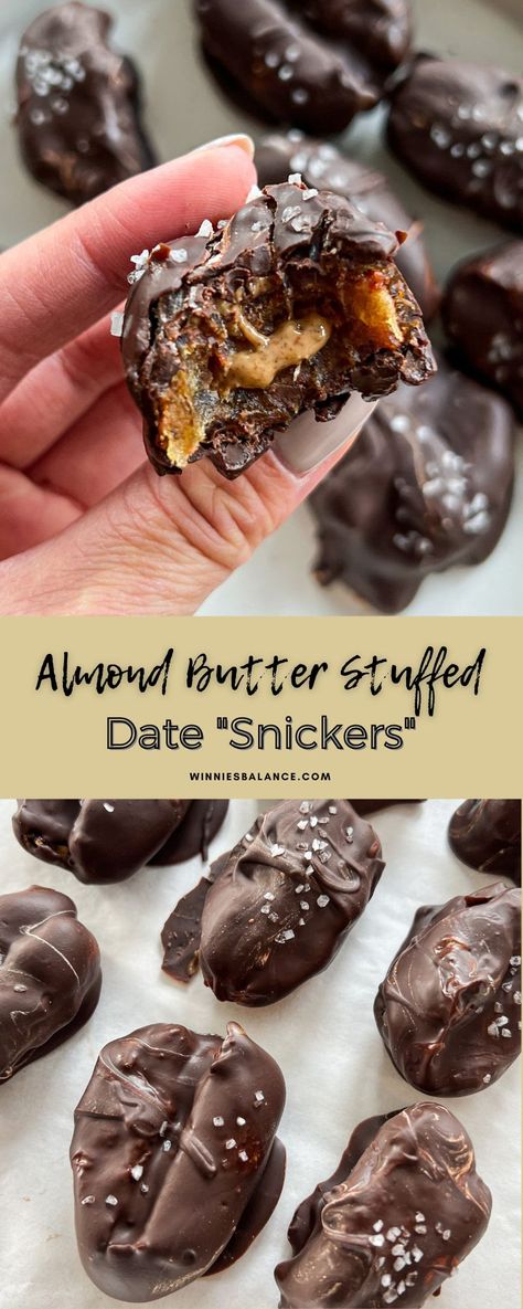 Date Snickers, Chocolate Covered Dates, Almond Butter Snacks, Almond Butter Recipes, Paleo Recipes Dessert, Clean Eating Desserts, Fat Foods, Melting Chocolate Chips, Easy Snack Recipes