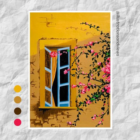 Flower Paintings On Wall, Window Painting On Wall, Window Gouache Painting, Creative Acrylic Paintings, Acrylic Painting Aesthetic Vintage, Old Window Painting, Aesthetic Vintage Painting, Aesthetic Acrylic Painting, Window Painting Ideas