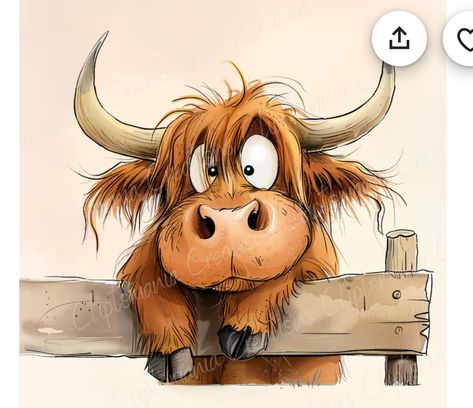 Cow Drawing Cute, Cow Cartoon Drawing, Highland Cow Drawing, Drawing Cute Cartoon, Animated Cow, House Cow, Backgrounds Funny, Funny Highland Cow, Highland Cow Painting