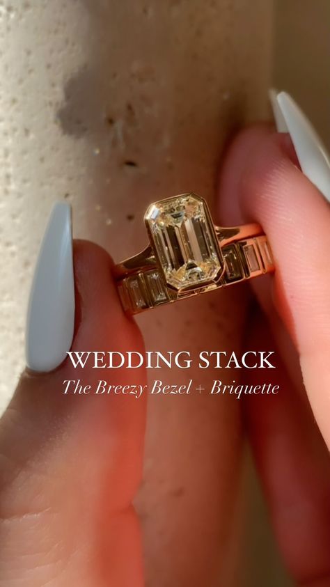 One of our fave recent wedding stacks has got to be the Breezy Bezel Emerald + Briquette combo. Matching not only their step cut emerald… | Instagram Thick Gold Band Engagement Ring Wedding Set, Vintage Engagement And Wedding Ring Set, Emerald Engagement Cut Ring, Vintage Engagement Ring With Band, Him And Her Wedding Rings, Bezel Wedding Ring Stack, Diamond Ring Styles, Bezel Ring With Wedding Band, Bezel Set Engagement Ring And Wedding Band