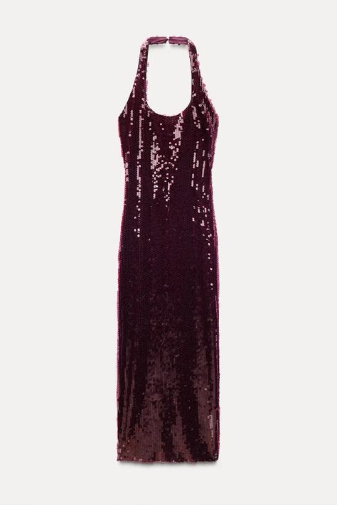 SEQUIN HALTER DRESS - Burgundy | ZARA United States Burgundy Sequin Dress, Split Dresses, Sequin Halter Dress, Sequin Halter, Sequin Sleeve, Halter Midi Dress, Split Dress, Dresses 2024, Elegant Party