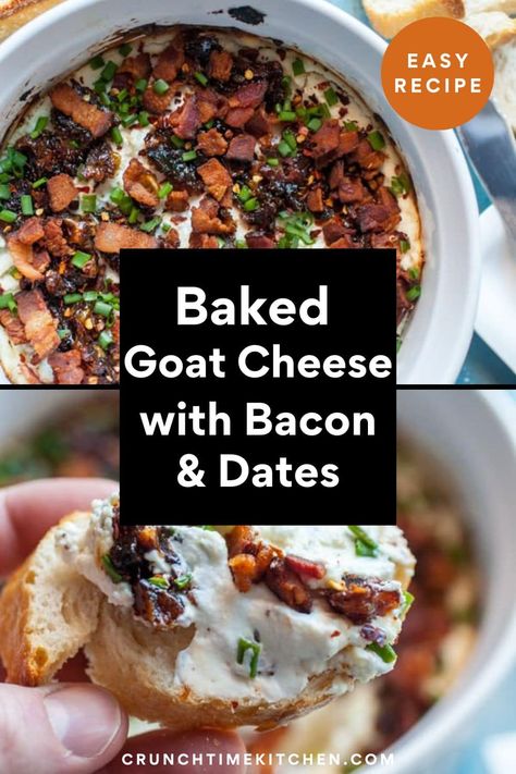 The perfect party appetizer! This baked goat cheese dip is spreadable and the perfect combo of salty and sweet thanks to chunks of dates and bacon! crunchtimekitchen.com #goatcheese #dip #baked Date Goat Cheese Bacon, Goat Cheese Date Dip, Dates Goat Cheese Bacon, Bacon Date Dip, Date Goat Cheese Bacon Appetizer, Dates Goat Cheese Bacon Appetizer Recipes, Bacon Dates Goat Cheese, Fig Bacon Goat Cheese, Bacon Date Goat Cheese Dip