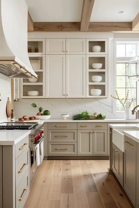 Neutral Luxury Kitchen, Muted Kitchen Cabinets, Wood Floors Grey Cabinets, Kitchen Cabinet Neutral Colors, Classic Kitchen Design White, Kitchen Design 2025, Modern Classic Kitchen Design Luxury, Natural Wood And White Kitchen, Traditional Kitchen Backsplash Ideas