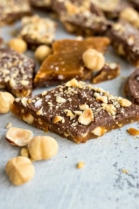 Chocolate Hazelnut Toffee - CPA: Certified Pastry Aficionado Candied Hazelnuts Recipe, Hazelnut Toffee, Melt Chocolate In Microwave, How To Make Toffee, Mint Sugar, Baking Stuff, Apple Cider Caramels, Homemade Candy, Nut Recipes