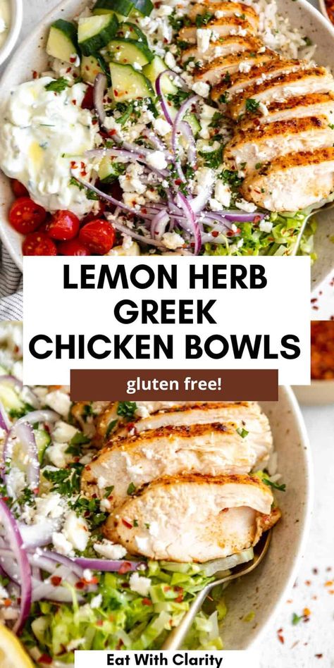 These lemon herb greek chicken bowls are easy to make, healthy and perfect for meal prep. These bowls are high in protein, loaded with veggies and gluten free with homemade tzatziki. Easy Greek Bowls, Aldi Meals For Family, Ibs Meals Dinners, Keto Greek Chicken Bowls, Chicken Thigh Lunch Ideas, Grilled Chicken Bowls Healthy, High Cholesterol Meals, Meals To Get Lean, Easy Greek Chicken Bowls