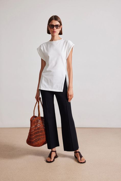 Apiece Apart Spring 2024 Ready-to-Wear Fashion Show | Vogue Asymmetric Tunic, Crochet Lace Top, Apiece Apart, Asymmetrical Tunic, Striped Shirt Dress, Spring 2024, Minimalist Fashion, Outfit Inspirationen, Work Outfit