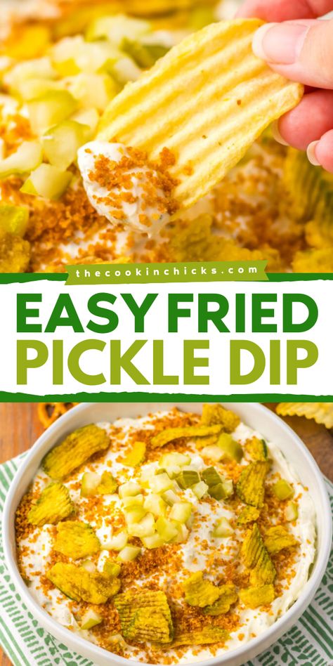 This best fried pickle dip is gonna be a hit for your party food ideas! It's an easy ranch dip recipe made with cream cheese, dill pickles, and spices. Creamy, tangy, and crunchy! The perfect appetizer for any gathering! Bachelor Party Snacks, Fried Pickle Dip Recipe, Easy Ranch Dip, Tailgating Appetizers, Pickle Bar, Fried Pickle Dip, Easy Fried Pickles, Dill Pickle Dip Recipe, Pickle Dip Recipe