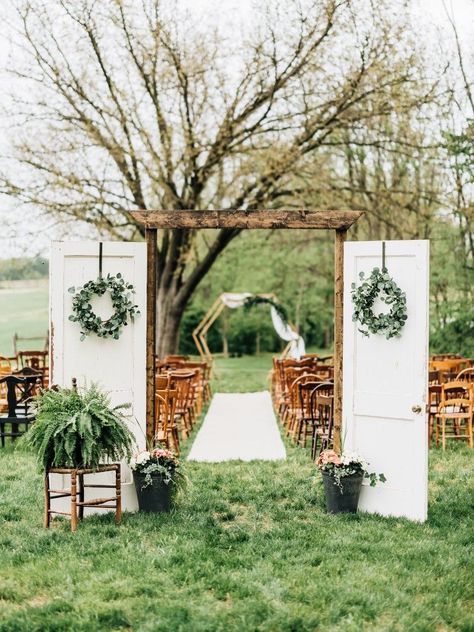 Door Arch Wedding, Wedding Arch Fall Outdoor Ceremony, Farm Wedding Isles, Alter Diy Wedding, Waterfront Ceremony Decor, Farm Wedding Entrance, Bride Entrance Ideas Outdoor Weddings, Wedding Arch Doors Rustic, Homemade Wedding Alter