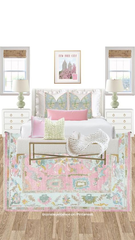 Check out ainsleyelainee's Shuffles @ainsleyelainee Southern Rooms Bedrooms, Coastal Millenial Bedroom, Pink Coastal Bedroom Ideas, Preppy College Bedroom, Light Pink And Green Room, Southern Bedroom Aesthetic, Funky Dorm Room Ideas, Soft Pastel Room Aesthetic, Coastal Pink Bedroom