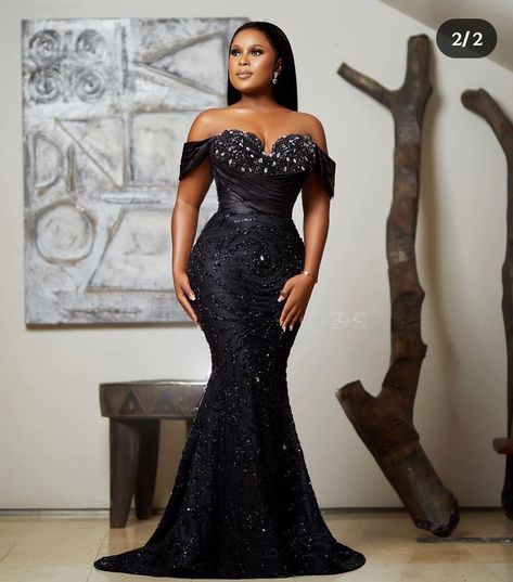 Elegant Dresses Classy Chic Evening, Black Dinner Gowns Nigerian, Aseobi Nigeria Lace Styles, Elegant Black Off Shoulder Prom Dress, Bridal Lace Styles, Black Asoebi Lace Styles, Black Dinner Dress Classy, Sequence Gown Styles In Nigeria, Matron Dresses