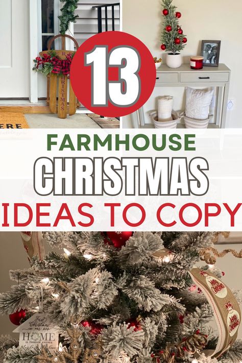 Farmhouse Red Christmas Decor, White Farmhouse Christmas Trees, Farmhouse Kitchen Christmas Tree, Christmas Living Room Ideas Farmhouse, Xmas Farmhouse Decor, Farmhouse White Christmas Tree, Christmas Small Mantle Decor, Country Christmas Crafts Farmhouse, Farmhouse Red Christmas Tree