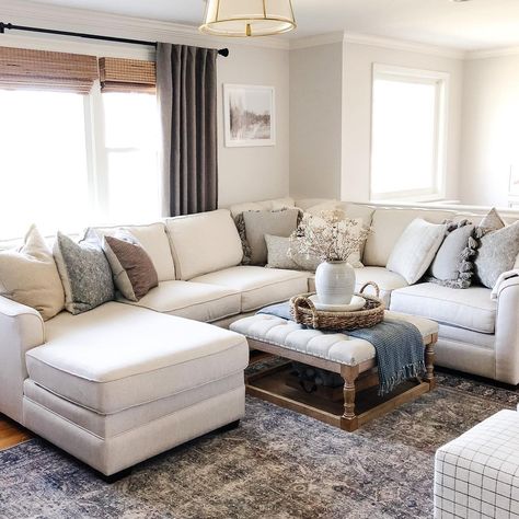 3 Piece Sectional Living Room Layout, How To Decorate An Ottoman, Blue And White French Country, Blue Accent Pillows, Sectional Layout, Cream Sectional, Sectional Living Room Layout, Sectional Coffee Table, White Sectional Sofa