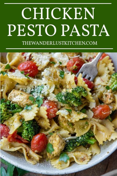 This Chicken Pesto Pasta recipe blends the great flavor of pesto with bowtie pasta, cherry tomatoes, broccoli and parmesan cheese for a delicious dinner in 30 minutes. Chicken And Broccoli Pesto Pasta, Vegetarian Pesto, Pesto Pasta Recipes Chicken, Pesto Dishes, Chicken Pesto Pasta, Pesto Pasta Recipe, Broiled Chicken Breast, Apartment Meals, Pesto Tortellini