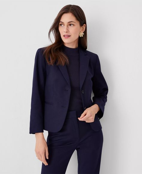 The Cropped Two Button Blazer in Stretch Cotton Cream Blazer Women, Women’s Navy Blue Suit, Women Attorney Fashion, Soft Classic Jackets, Ann Taylor Petite Outfits, Women Fitted Suits, Women’s Business Clothes, Navy Suits Women, Flight Attendant Interview Outfit Women