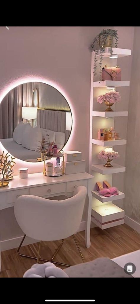 Mirror For Room Bedrooms, Small Makeup Table Ideas, Vanity And Study Table In One, Extra Small Room Ideas, Room Vanity Ideas Small Spaces, Make Up Desk Idea, Small Space Dressing Table Ideas, A Vanity, Shelf Vanity Ideas