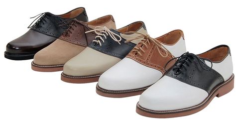 Saddle shoes - These were a must - wore the navy and cream ones to homecoming.  I still own and wear the back dress ones. Mens Saddle Shoes, Saddle Oxford Shoes, Saddle Oxfords, Poodle Skirt, Saddle Shoes, Brown Leather Shoes, Leather Shoes Woman, 50s Fashion, Golf Shoes