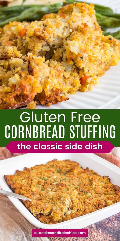 Gluten Free Cornbread Stuffing has classic comforting flavors from thyme, sage, apple, onion, and celery and is the perfect family-friendly Thanksgiving side dish recipe. Gluten Free Corn Casserole Thanksgiving, Gf Df Thanksgiving Sides, Southern Gluten Free Recipes, Cornbread Dressing Gluten Free, Vegetarian Cornbread Stuffing, Dairy And Gluten Free Thanksgiving Sides, Gluten Free Thanksgiving Dressing, Gluten Free Cornbread Stuffing Recipes, Gluten Free And Dairy Free Thanksgiving