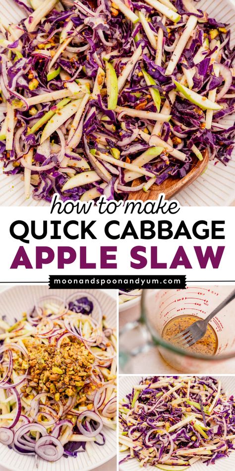 This Labor Day party food idea is a healthy alternative to the classic coleslaw recipe! This apple cabbage slaw is gluten-free, vegan, and vegetarian. Crisp with sweet and tangy flavors, this Quick Cabbage Apple Slaw is one of the best summer BBQ side dishes! Purple Cabbage Slaw For Pulled Pork, Apple Slaw No Mayo, Cabbage And Apple Salad Recipes, Veggie Slaw Recipes, Fall Slaw Recipes, Vegan Slaw Recipes, Cabbage And Apple Slaw, Recipes With Bagged Coleslaw, Fall Coleslaw Recipe