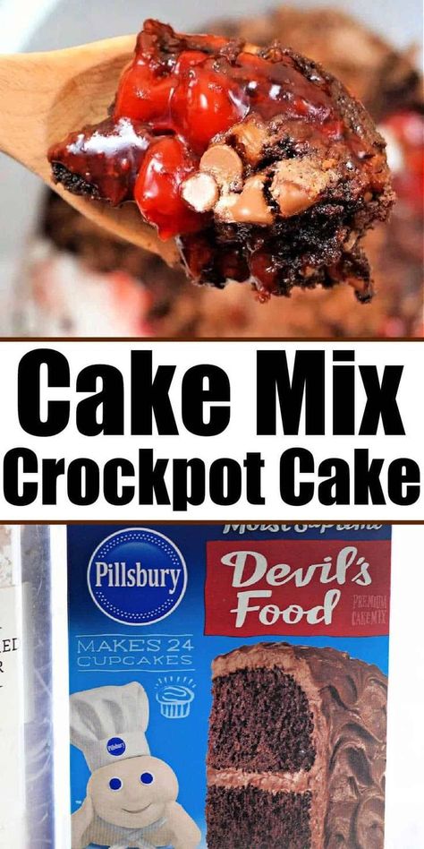 This Crockpot Lava Cake Recipe is rich, ooey, gooey, and decadent. Super easy to make with cake mix, this Crockpot lava cake is the best dump cake crockpot dessert we have ever made.  Simply, dump the ingredients in your slow cooker and it's ready around dinner time. Our lava cake is packed with cherry pie filling, chocolate cake mix, and chocolate chips! Perfect for dessert or whenever you want to indulge your sweet tooth. Your family will LOVE this semi homemade, mouthwatering treat. Crockpot Dessert Recipes Cake Mixes, Slow Cooker Cake Mix Recipes, Slow Cooker Desserts Easy, Crockpot Dump Cake, Crockpot Desserts Easy, Crockpot Chocolate Lava Cake, Dump Cake Crockpot, Crockpot Chocolate Cake, Crockpot Cake Recipes