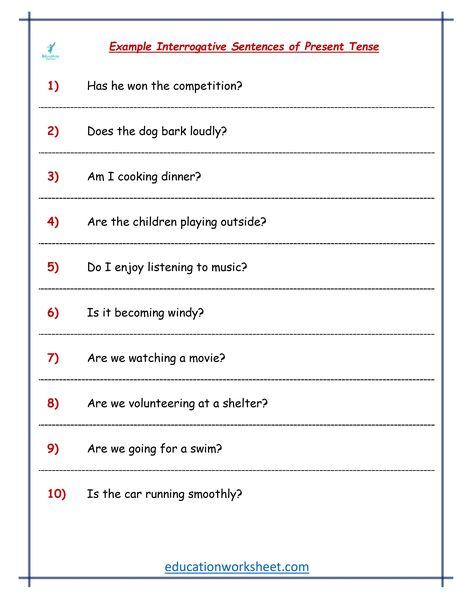 Struggling with present tense questions? Here are some examples: "Do you like coffee?" "Is she coming to the party?" "Are they playing soccer?" Practice makes perfect! (https://educationworksheet.com/worksheets/present-tense-interrogative-examples/)Keep questioning and learning. 🌟 #GrammarTips #EnglishLearning #PresentTense #LanguageLearning  #LearnEnglish
 #presenttenseinterrogativeexamples #tensesinenglishlanguage #learnenglishtenses #grammartensesexercises #grammartensesworksheets Interrogative Sentences Worksheet, All Tenses In English, Rephrasing Sentences, Joining Sentences Using And, Expanding Sentences Activities, Extending Sentences, Declarative And Interrogative Sentences, Interrogative Sentences, Sentences Worksheet