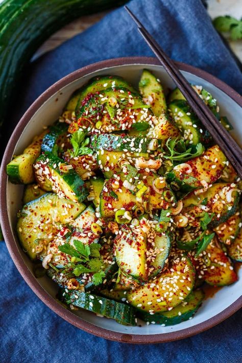 Korean Cucumber Salad | Feasting At Home Korean Cucumber Side Dish, Korean Cucumber Salad, Smashed Cucumber Salad, Korean Cucumber, Spicy Cucumber Salad, Japanese Cucumber, Asian Cucumber Salad, Korean Side Dishes, Grilled Tofu