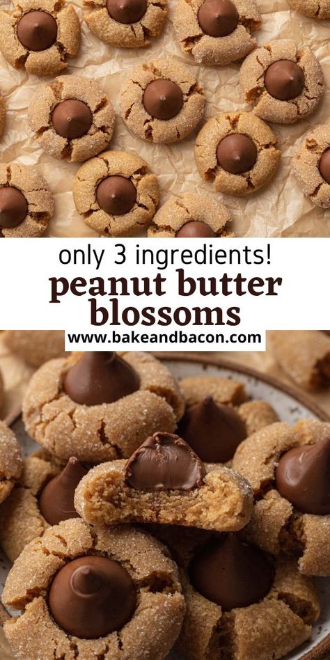 Peanut Butter Kiss Cookies Recipe, Peanut Blossom Cookies, Three Ingredient Peanut Butter Cookies, Three Ingredient Cookies, Kiss Cookie Recipe, Peanut Butter Blossoms Recipe, Peanut Butter Kiss, Peanut Butter Kiss Cookies, 3 Ingredient Desserts