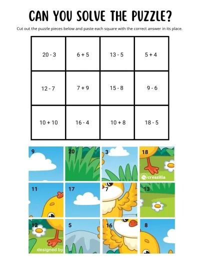 If you are looking for activities to help your child practice addition and subtraction up to 20, you have come to the right place. Addition Activities For Grade 2, Addition And Subtraction Puzzle, Math Puzzles For Kids, Addition And Subtraction To 20, Addition To 20, Kindergarten Math Worksheets Free, Puzzle Pictures, Math Pictures, Math Coloring Worksheets