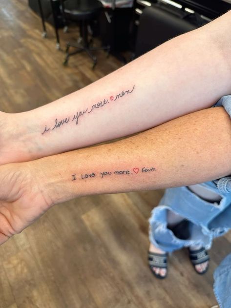 Tattoos For Mom And Daughter Matching, Tattoo Ideas Matching Mom And Daughter, Cute Matching Tattoos For Daughter And Dad, You Gave Me Life Tattoo, Parents Matching Tattoos, Matching Wrist Tattoos Mother Daughters, Tattoos Matching Mother Daughter, I Love You More I Love You Most Tattoo, Tattoo Ideas For Mom And Daughter