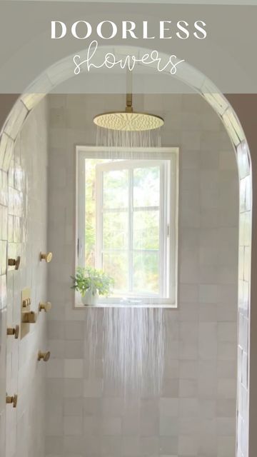 Ashley | Interior Design, Home Styling & DIY on Instagram: "Okay, before we dive into the nitty gritty, make sure you LIKE & SAVE this post for later 🤩

Because no is telling you about the blend of functionality, design flexibility, and aesthetic appeal that doorless showers offer — 

1️⃣ you can shape your door however you want: This stunning archway deserves it’s own moment, am I right?! ✨  open showers can be highly customizable in terms of size, shape, and materials — allowing for more unique and personalized designs.

2️⃣ better airflow: An open shower means better airflow — reducing humidity and moisture buildup, which can help to keep the bathroom drier and potentially extend the longevity of materials and prevent those mold nightmares we hear about way too often these days.

3️⃣ t Dive In Movie, Doorless Shower, Wet Room Shower, Open Showers, Palm Spring, Wet Room, Zellige Tile, Nitty Gritty, Doors And Hardware