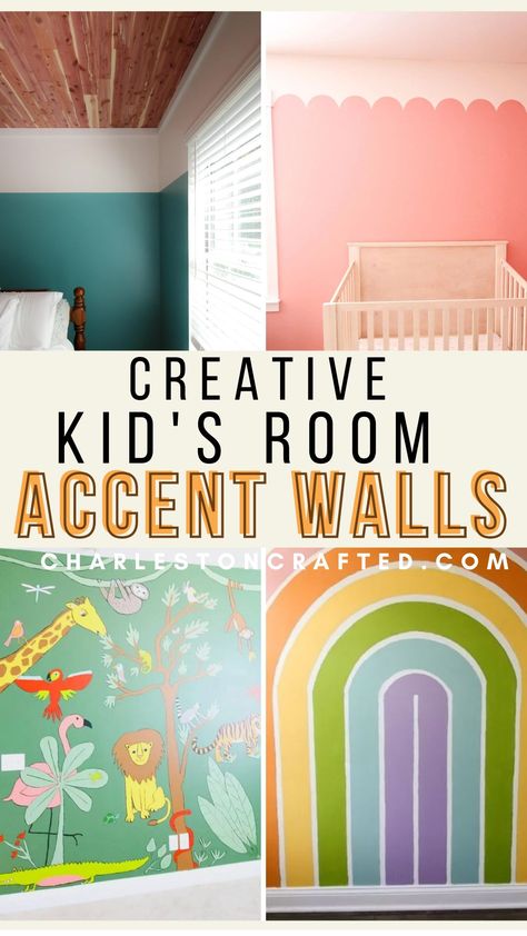 creative kids room accent walls Play Room Painting Ideas, Feature Wall Playroom, Homeschool Accent Wall, Playroom Wall Mural Ideas, Monsters Inc Bedroom Ideas, Cool Accent Wall Ideas Paint, Playroom Painted Walls, Unique Bedroom Paint Ideas, Kid Bedroom Paint Ideas