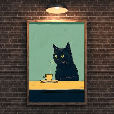 Cat with Coffee - Modern Retro Frameless Canvas Wall Art for Home, Office, Bedroom. Portrait Deco Style Ink Print Poster, Wall Hanging Decor #gift #wallart #decor #cat #coffee Cute Cat Painting, Cat With Coffee, Modern Cat Art, Coffee And Cats, Canvas Art Gifts, Wall Art Coffee, Wall Art Cat, Coffee Cat, Cats Design