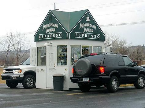 Drive through coffee stands on EVERY corner! Small Drive Thru Coffee Shop, Drive Thru Coffee Stand, Drive Through Coffee Shop, Coffee Drive Thru, Mobile Coffee Cart, Drive Thru Coffee, Mobile Coffee Shop, Coffee Trailer, Coffee Sale