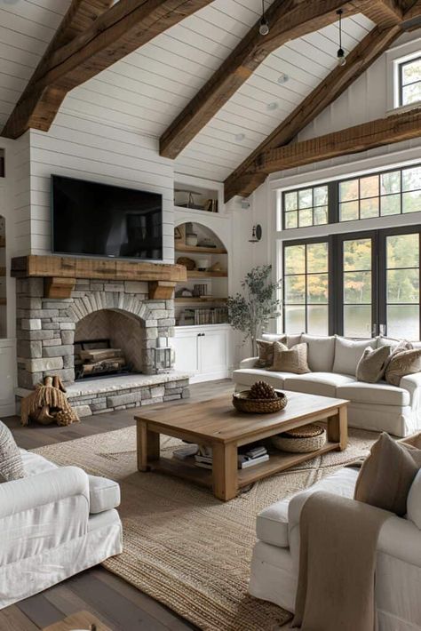 16 Rustic Living Room Ideas: Crafting Elegance In Comfort And Tradition | DIY Vibes Rustic Living Room Ideas, Whitewashed Brick, Rustic Minimalism, Cozy Farmhouse Living Room, Modern Rustic Living Room, Rustic Farmhouse Living Room, Modern Farmhouse Living, French Country Living Room, Shabby Home