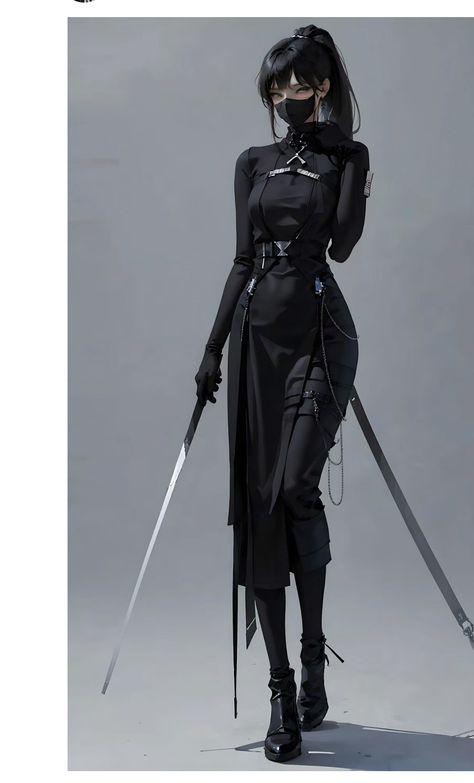 Assassin Clothes Women, Fighter Outfit Woman, Ninja Oc Character Design, Black Ninja Art, Battle Armor Female, Ninja Cosplay Female, Ninja Outfit Female Design, Female Assassin Outfits Anime, Anime Combat Outfits Female