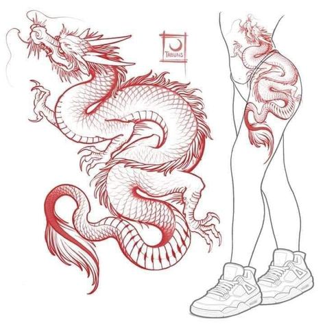 Dragon On Hip Tattoo, Thigh Tattoos Women Drawing, Dragon On Thigh Tattoo, Dragon Body Tattoo, Dragon Tattoo For Women Hip, Woman Dragon Tattoo, Hip Dragon Tattoo, Dragon Tattoo On Hip, Hip Tattoos Women Unique