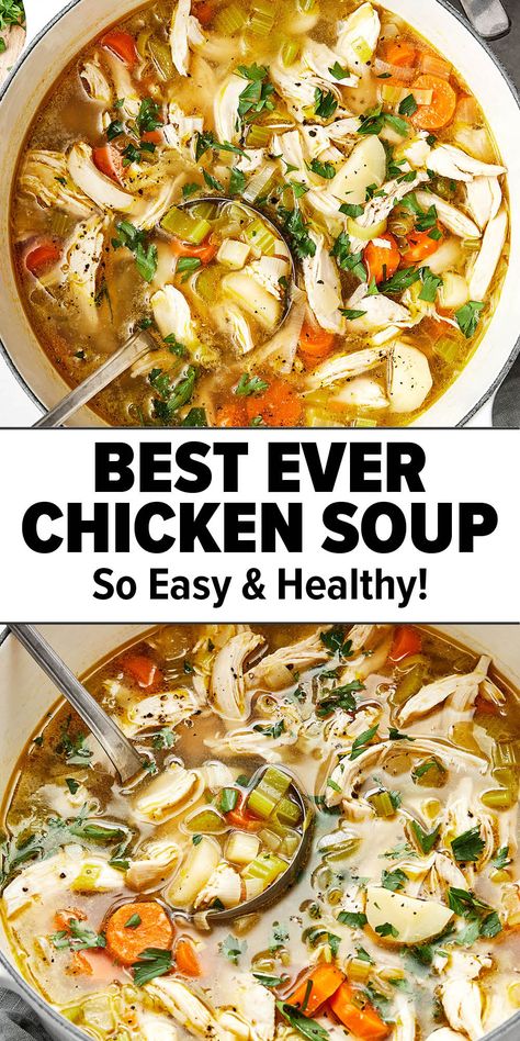 Easy and healthy homemade chicken soup Poached Chicken Breast, Chicken Soup Recipes Homemade, Healthy Chicken Soup, Chicken Noodle Soup Recipe, Homemade Chicken Soup, Vegetable Soup With Chicken, Chicken Soup Recipe, Noodle Soup Recipe, Homemade Soup Recipe