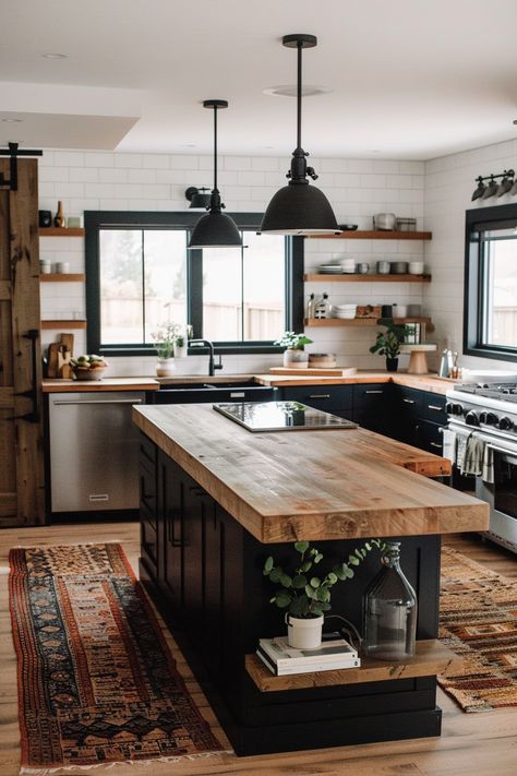 Dream Farmhouse Kitchen, Boho Kitchen, Old Kitchen, Black Cabinets, Modern Farmhouse Kitchens, Kitchen Remodel Idea, Kitchen Makeover, Ideas Kitchen, Home Decor Kitchen