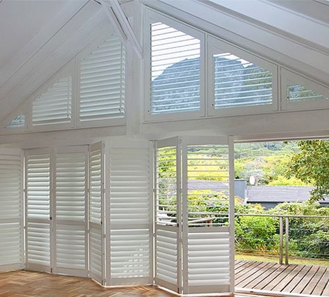 Odd Shaped Window Coverings, Trapezoid Windows, American Shutters, Gable Window, Hamptons Beach House, Beautiful Blinds, Small Hall, Cozy Bedrooms, Shaped Windows