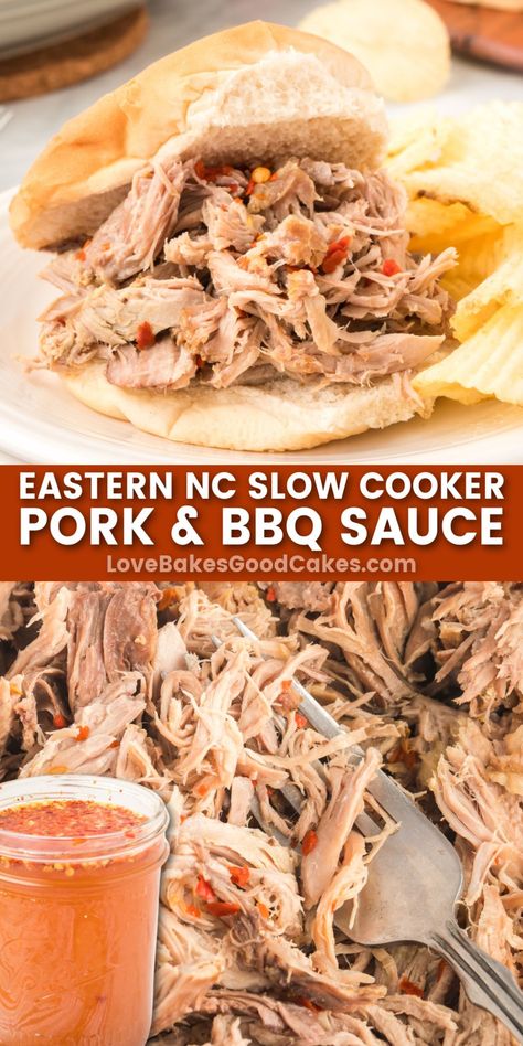 Eastern NC Slow Cooker Pork and BBQ Sauce Pulled Pork Crock Pot Recipes Bbq, Bbq Crockpot Recipes, Nc Bbq Sauce, Pulled Pork Crock Pot Recipes, Pork Crock Pot Recipes, Pulled Pork Crock Pot, Bbq Pork Crockpot, Pulled Pork Crock, Crockpot Pulled Pork Bbq