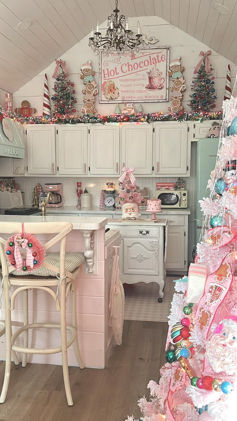 CottageonWynn - Added the final touches to the kitchen! 💕🎄 Pink Retro Christmas Tree, Pink Christmas Decorations Kitchen, Indoor Gingerbread House Decorations, Pastel Xmas Decorations, Pink Kitchen Christmas Decor, Candyland Kitchen Christmas, Candyland Christmas Kitchen, Candy Christmas Kitchen Decor, Pastel Gingerbread Christmas Decor Diy