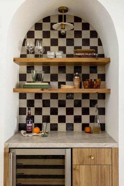 50s Inspired Interior Design, Tile Floating Shelves, Event Space Kitchenette, Fun Tile Kitchen, Unique Home Renovations, Funky Decor Ideas, Black And White Retro Kitchen, Tiled Dresser Top, Colorful Small Kitchen Ideas