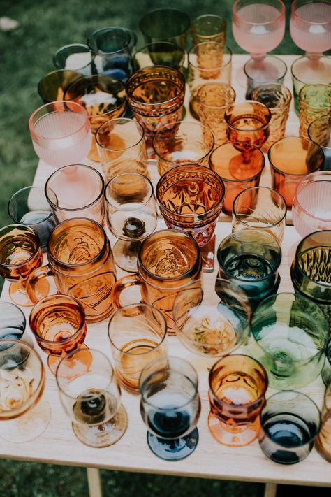 This arrangement of vintage coloured glass cocktail glasses is such a cute addition to a Gatsby inspired lawn wedding. Eclectic Wedding, Future Wedding Plans, Wildflower Wedding, Whimsical Wedding, Wedding Mood Board, Wedding Mood, Forest Wedding, Here Comes The Bride, Backyard Wedding