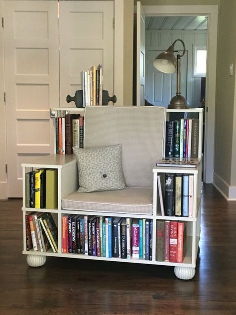 HomelySmart | 17 Mind Blowing Bookshelves You Need For Your Library - HomelySmart Bookshelf Chair Diy, Book Nook Chair, Bookshelf Chair, Beautiful Bookshelf, Cool Bookshelves, Bookshelf Design, Bookshelves Diy, Bookshelf Decor, Trendy Home